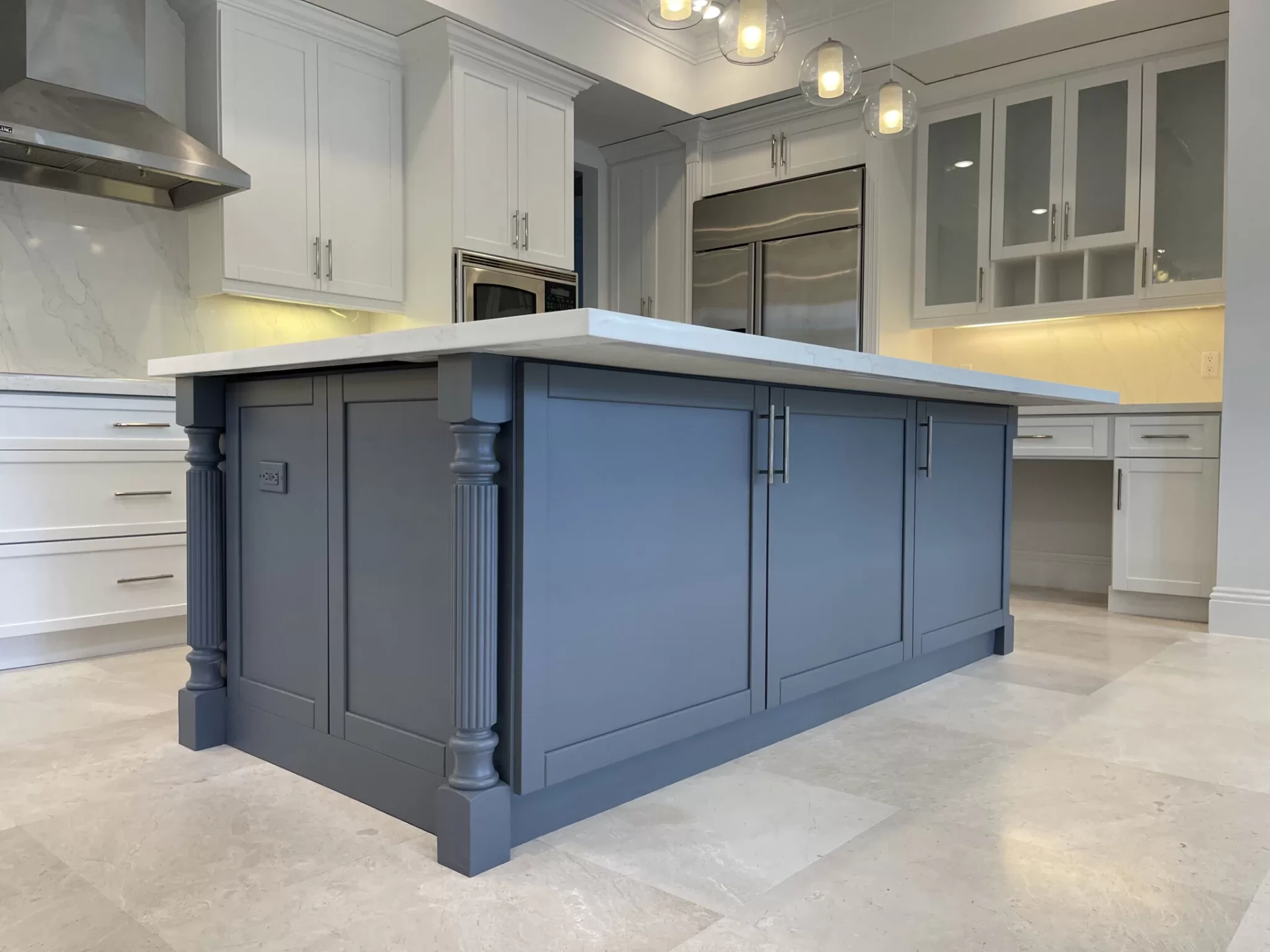 Slate Blue Island with Pale Grey Cabinetry