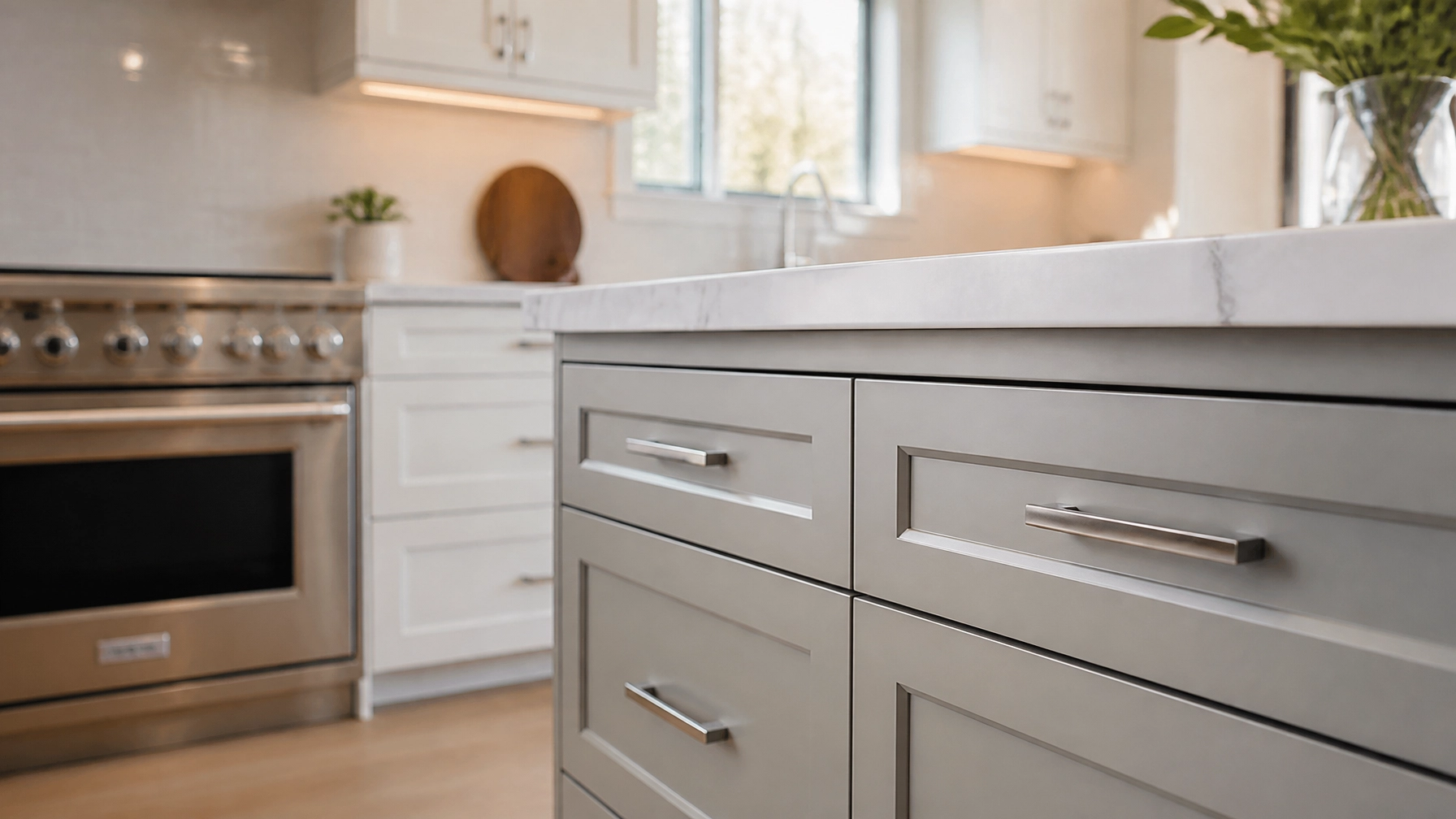 Champagne bronze knobs and pulls on high-gloss greige