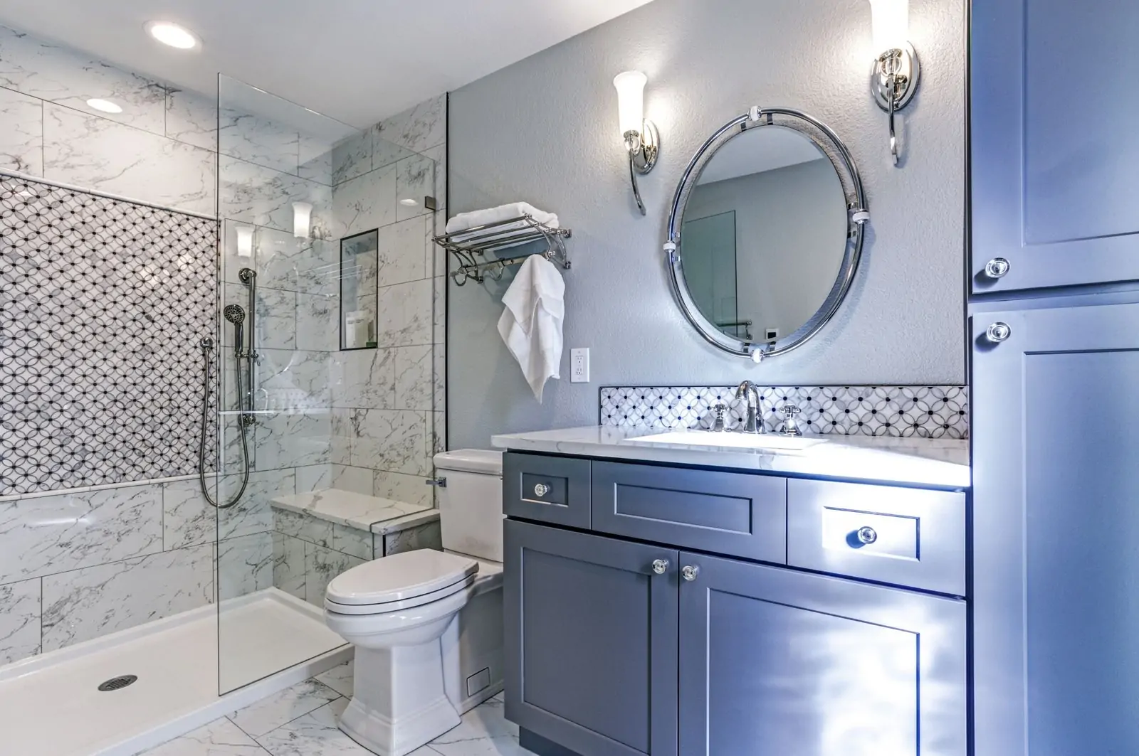 Slate blue vanity with polished chrome hardware