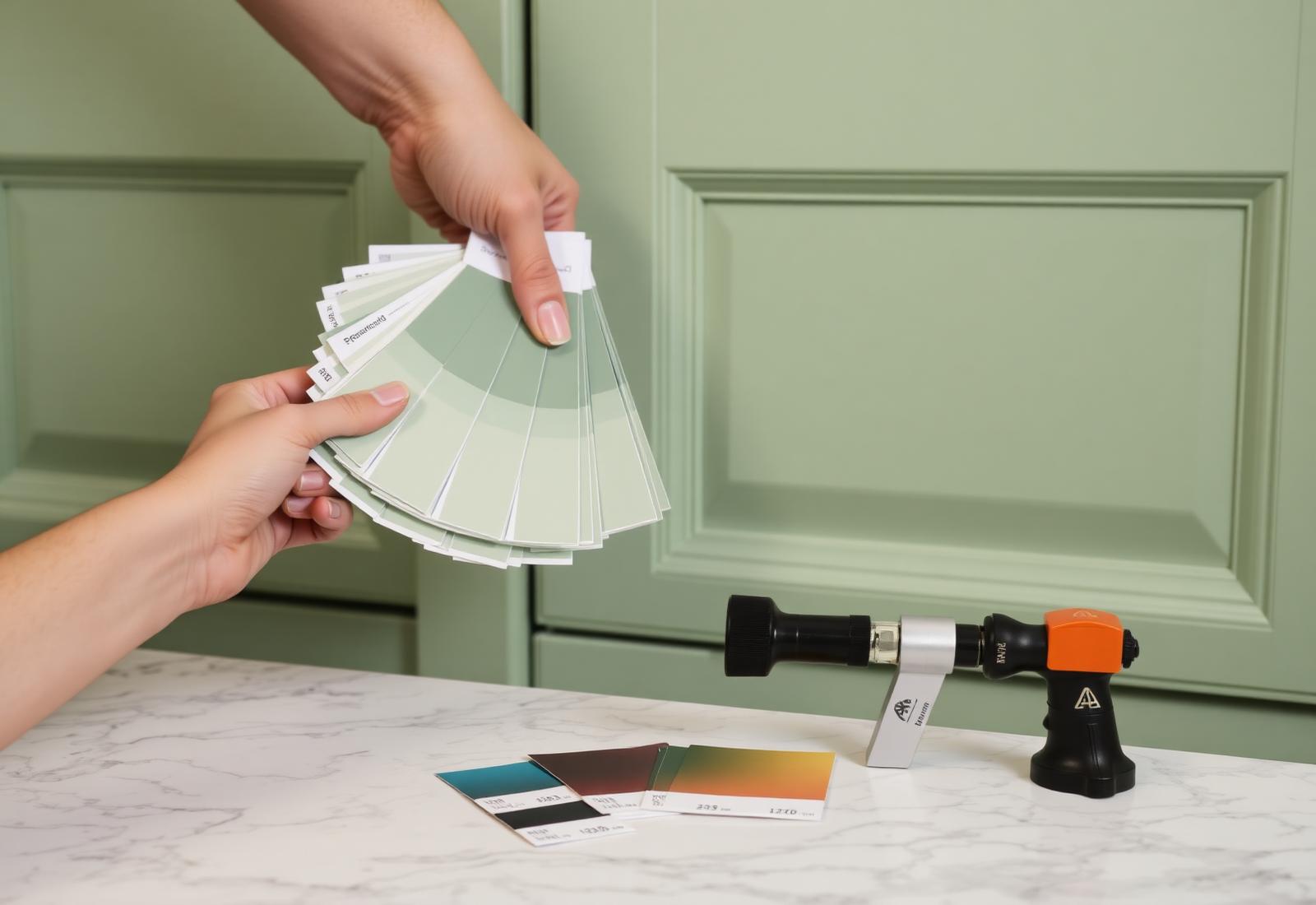 Interior designer matching sage green swatches against a refinished cabinet door