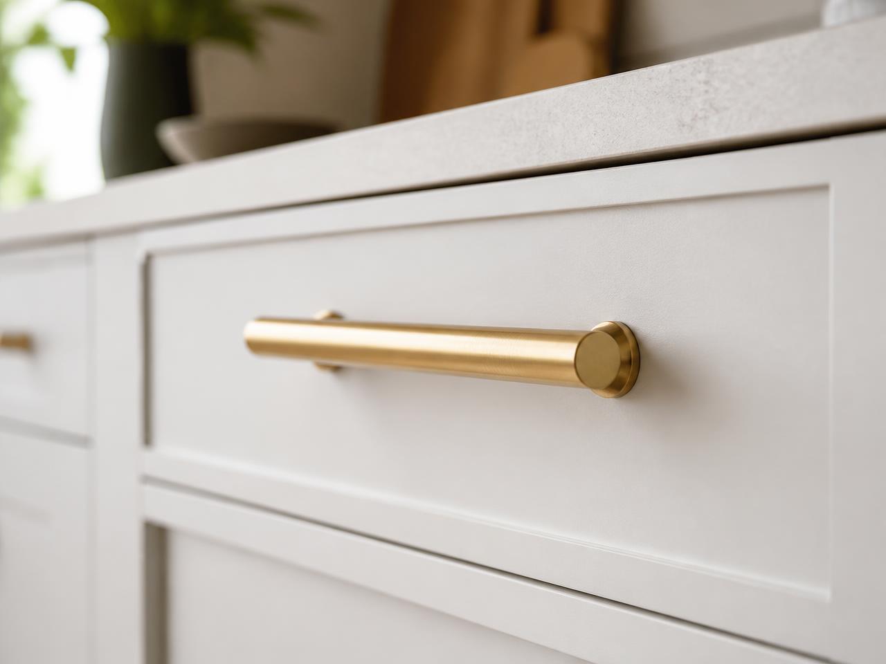 Brushed gold bar pulls on matte white shaker doors