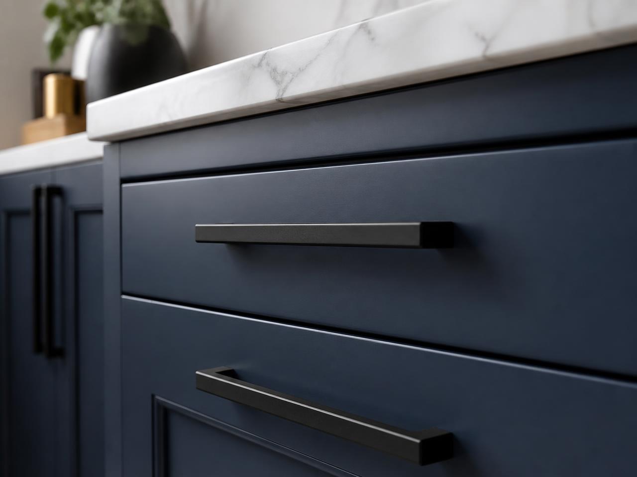 Matte black linear pulls on deep navy cabinetry