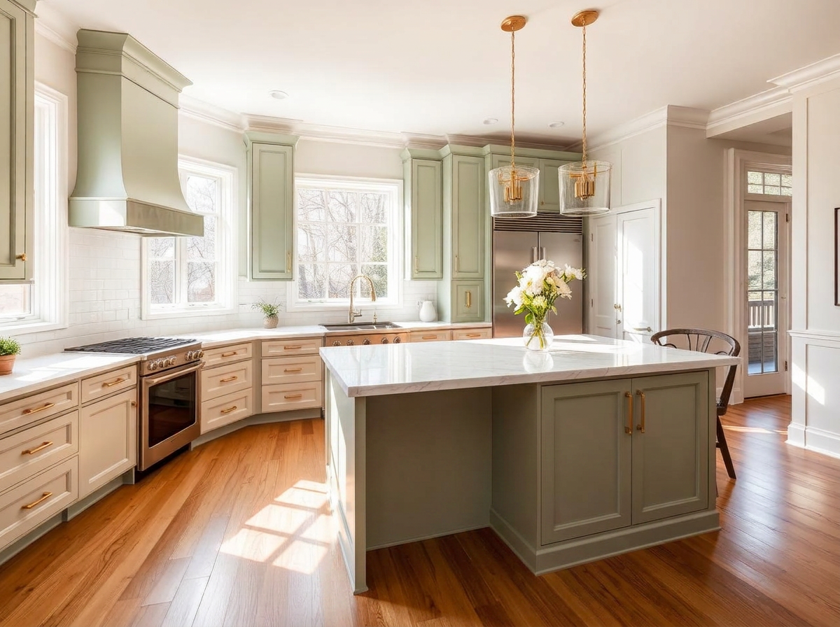 Sage green refinished kitchen with white quartz waterfall island and brass hardware