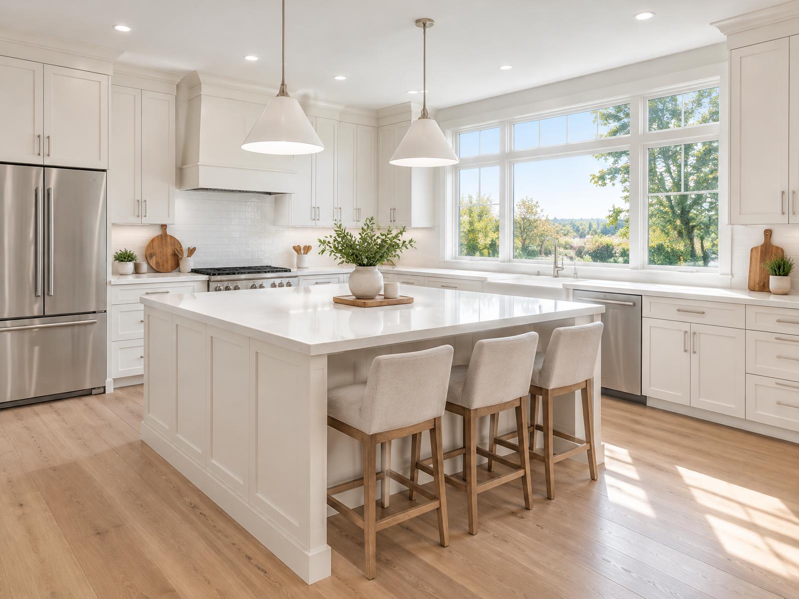 Oak kitchen cabinets refinished in a smooth warm white factory finish