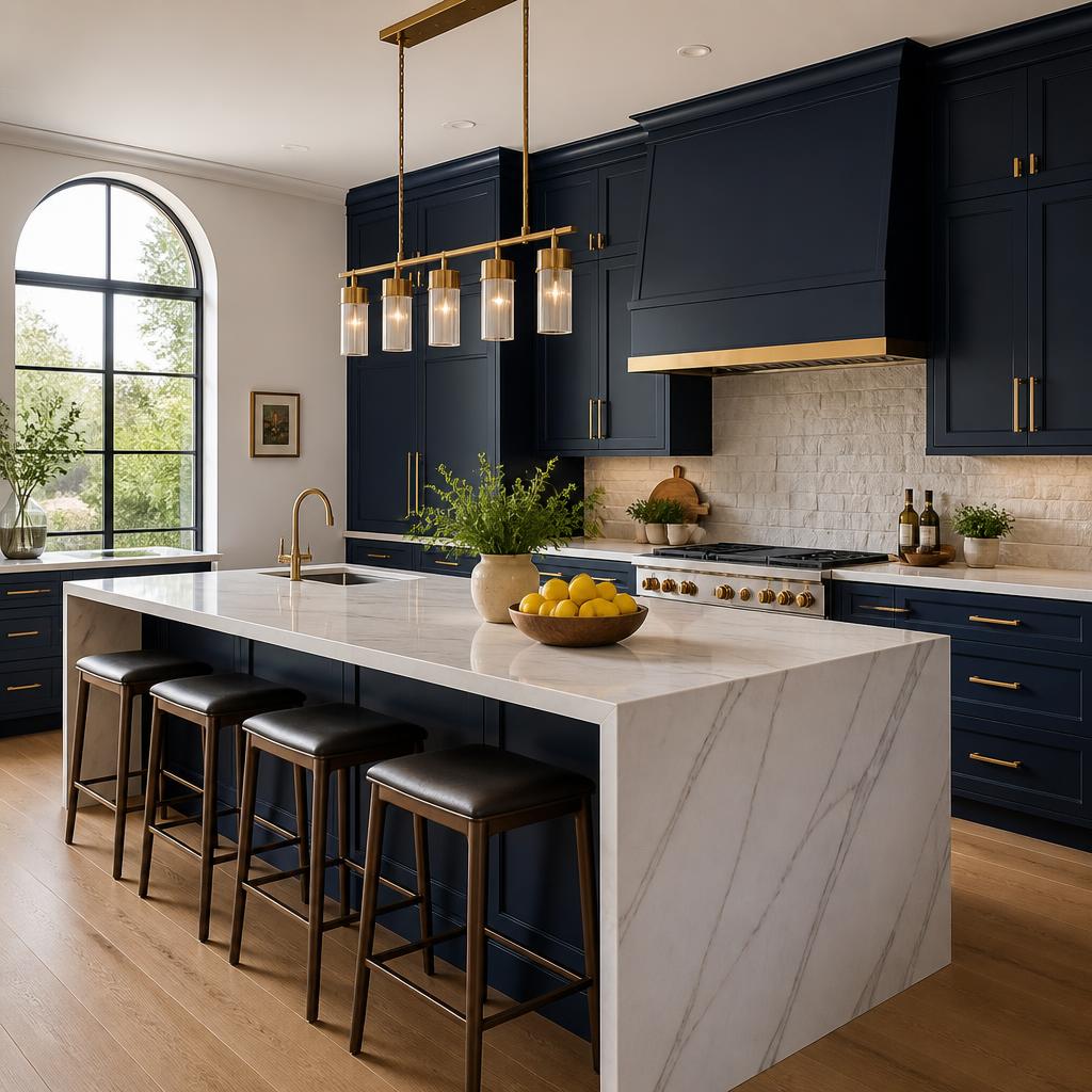 Beautifully refinished kitchen with white shaker cabinets, dark island and brass pendant lights