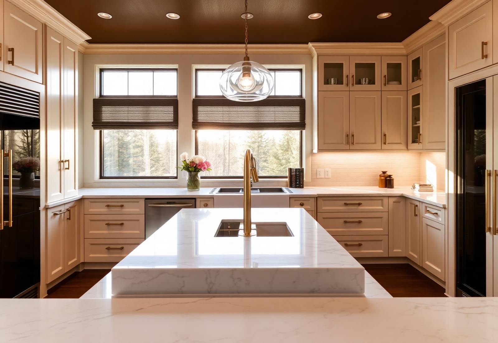 Refinished listing kitchen with marble island and brass hardware