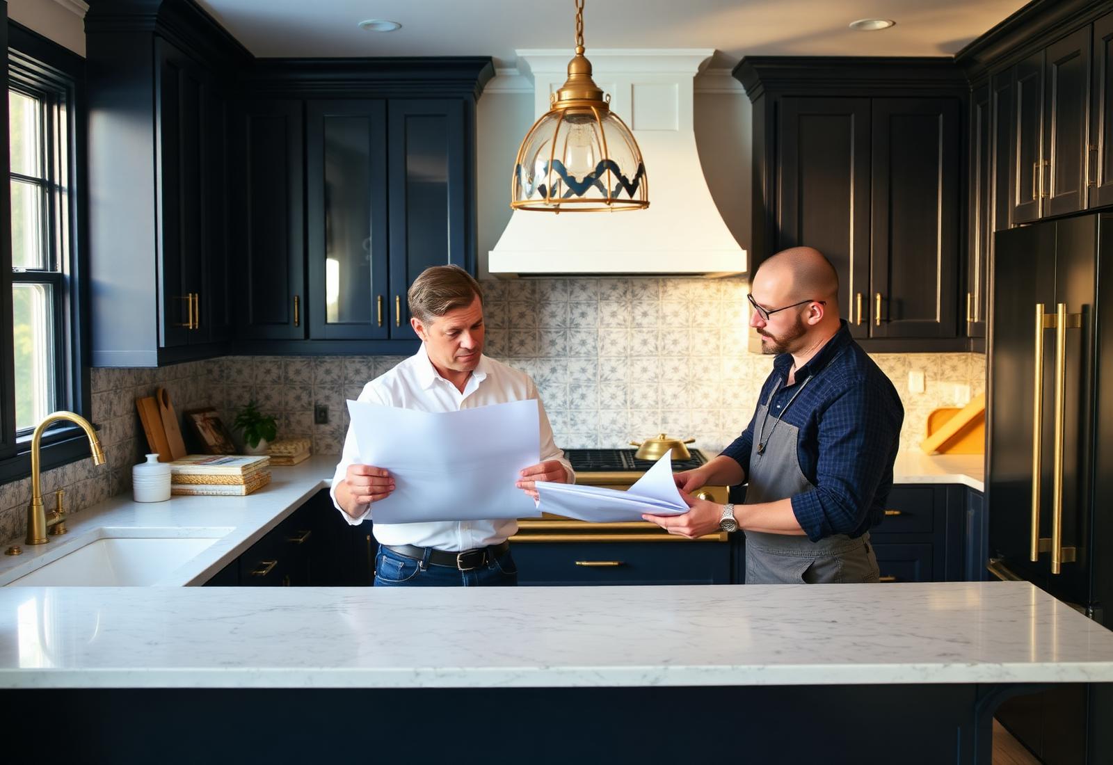 General contractor and finisher reviewing renovation plans