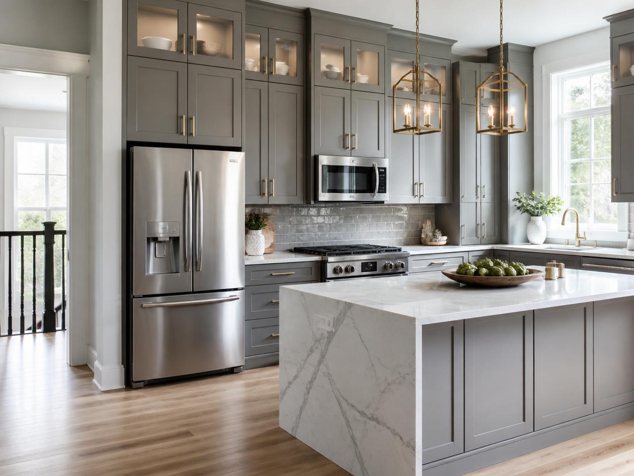 Refinished kitchen with dark island and factory-quality cabinet finish
